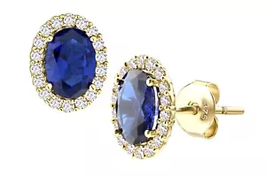 9ct Yellow Gold Blue Sapphire & Cz Oval Cluster Stud Earrings - 10mm x 8mm - Picture 1 of 6