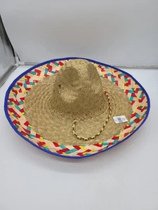 18" Mexican Multi Color Adult Mexican Sombrero BLUE Boarder Straw Hat Parties - Picture 1 of 10