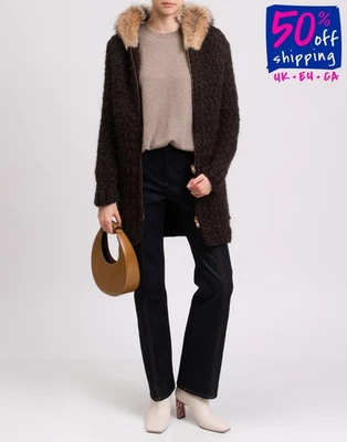 RRP €803 WOOLRICH Knitted Coat Size S Alpaca & Wool Blend Coyote Fur Trim Hooded - Image 1 of 4