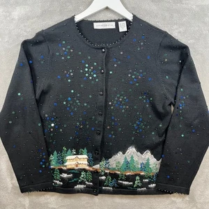 Vintage Marisa Christina XL schwarz Winterszene Perlen Pailletten Cardigan Pullover - Bild 1 von 7