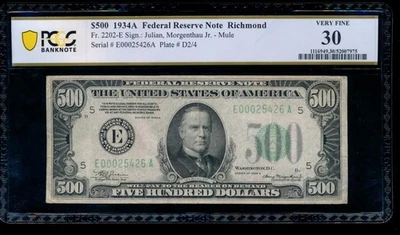 AC 1934A $500 FIVE HUNDRED DOLLAR BILL Richmond PCGS 30 - Image 1 of 2