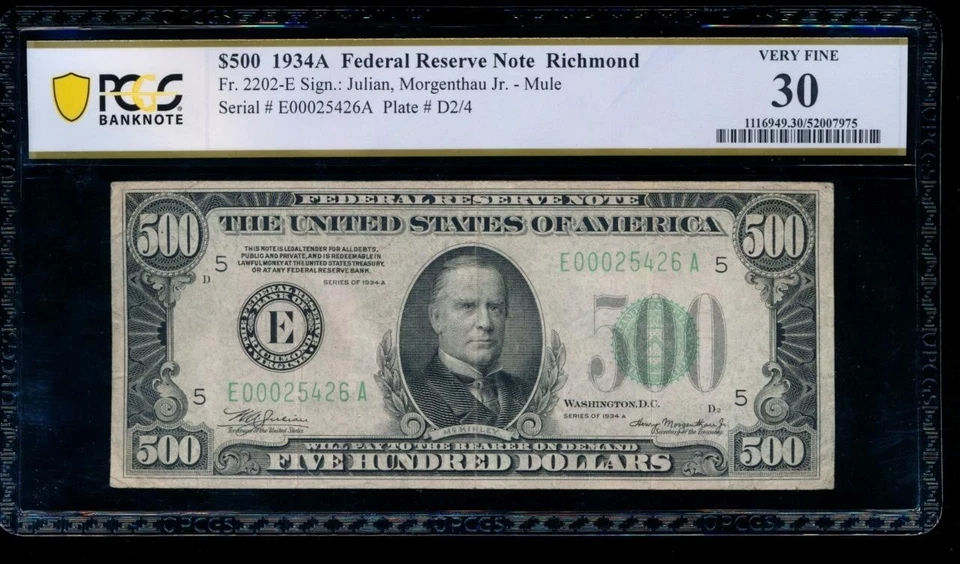 AC 1934A $500 FIVE HUNDRED DOLLAR BILL Richmond PCGS 30 - Image 1 of 2