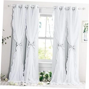 Shabby Chic Curtains for Bedroom Double Layer White Ruffle Sheer Overlay with - Picture 1 of 7