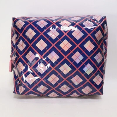 Bolsa cosmética Fresh Face estojo de maquiagem de higiene pessoal azul rosa xadrez zíper logotipo forrado - Imagem 1 de 4