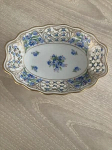Vintage Antique Bavaria Schumann Forget Me Not Oval Bowl Germany Chalet Lattice - Picture 1 of 15
