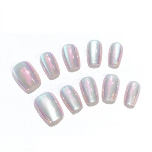 Press on Nails False Short Square Aurora Mermaid Tips Cat Eye Iridescent Mirror - Picture 1 of 9