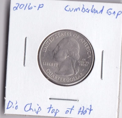 2016-P Cumberland Gap Quarter Die chip top of hat. - Image 1 of 4