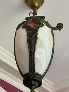 MANSION FIND: ANTIQUE ART GLASS BRONZE PENDANT LIGHT CHANDELIER - Picture 1 of 14