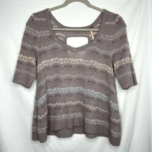 Free People Knit Sweater Size Small Grey Short Sleeve Striped Top 3/4 Sleeves - Picture 1 of 12