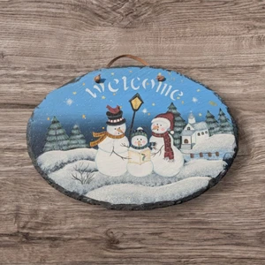 Handbemaltes Schieferschild Winterszene Weihnachtsbäume singender Schneemann Familie - Bild 1 von 2