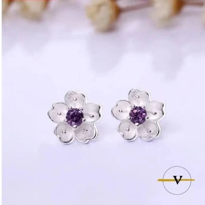 ORECCHINI DONNA A FIORE CON ZIRCONE VIOLA DI 1 CM IN ARGENTO 925 RODIATO - Immagine 1 di 4