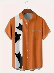 Plus Size Men's Black cat Graphic Short Sleeve Casual Button-Down Shirt Orange - Picture 1 of 3