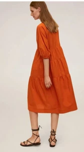 Mango Tiered Midi Dress Womens 2 Puffed Sleeve Orange Cotton Boho Beachy - Picture 1 of 12