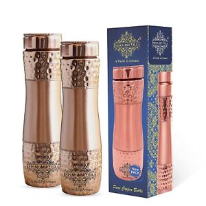 Pack of 2- Copper Water Bottle With Half Hammered Lacquer Design 1000 ml