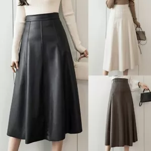 Damen Midirock PU Kunstleder Swing Hohe Taille Reißverschluss Plissiert A-Linie - Bild 1 von 14