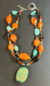 VTG Southwest Necklace LRG Turquoise Pendant+Smoky Quartz+Carnelian+925 Silver - Picture 1 of 24