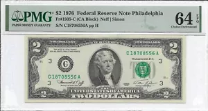 1976 $2 PHILADELPHIA FRN. PMG Choice Uncirculated 64 EPQ Banknote. - Picture 1 of 2