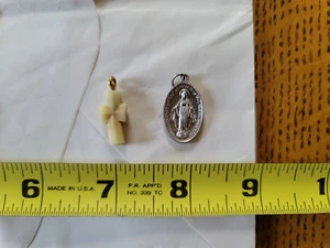 Vintage 1960s Catholic Pendants ‘Ivory’ Cross and Mary Medallion - Picture 1 of 5