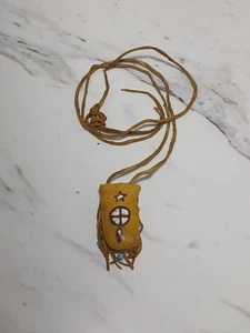 Vintage Indianer Leder Medizin Tasche mit Sterling Silber Kreuz & Quarz - Bild 1 von 11