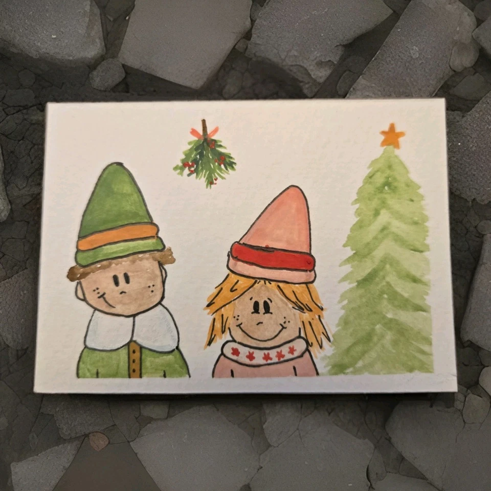 Pintura Acuarela ACEO 2.5" X 3.5" Elfos En Navidad Foto 1 de 1