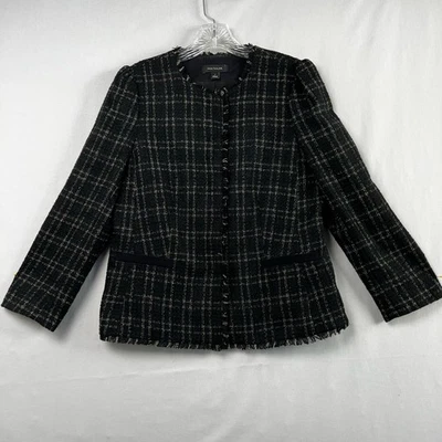Chaqueta Ann Taylor para mujer 4 tweed negra a cuadros dorada metálica flecos carrera Foto 1 de 4