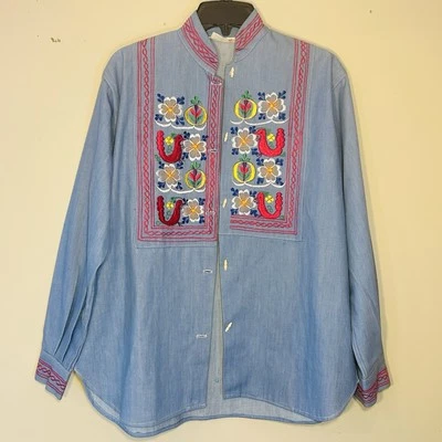 Camisa Denim De Colección Hecha a Mano Bordada Floral Algodón México Hippie Boho Flores Foto 1 de 4