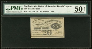 1863 Confederate States Civil War $20 for $500 Bond CSA Banknote Currency PMG 50 - Picture 1 of 5