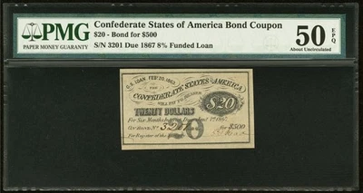 1863 Confederate States Civil War $20 for $500 Bond CSA Banknote Currency PMG 50 - Image 1 of 4