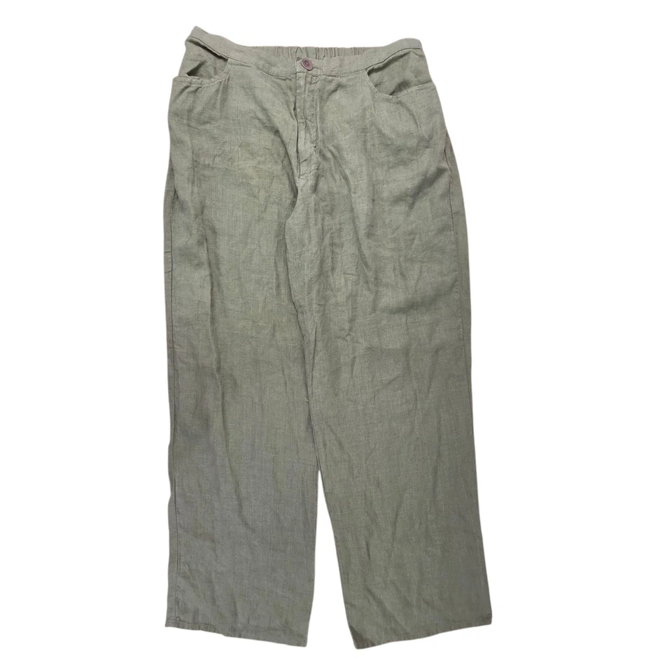 Flax Linen Pants Zipper Elastic Back Lagenlook Size Large Green Trouser Wide Leg - Image 1 of 4