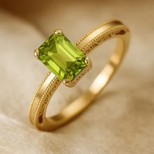 Emerald Cut Peridot Ring 14k Solid Gold – August Birthstone # 1063 - Picture 1 of 19