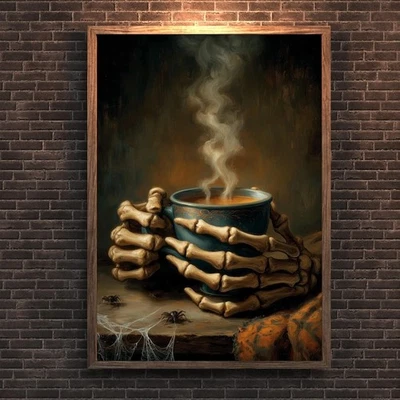 Gothic Skeleton Hands Coffee Cup Poster Spooky Halloween Kitchen Decor - Image 1 of 4