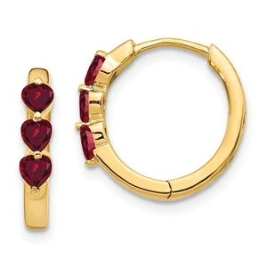 14k Yellow Gold Created Ruby Polished Hinged Hoop Earrings - Picture 1 of 4