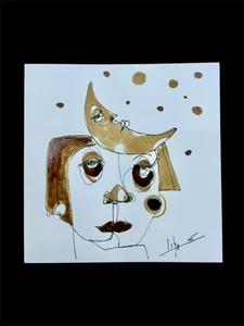Moon Thoughts – Original Ink & Coffee on Canvas Paper – 6x6” – Signed - Picture 1 of 3