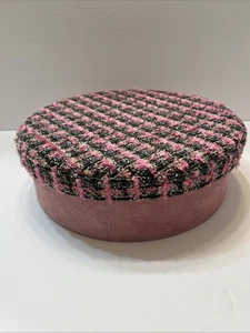Dekorative Runde Aufbewahrungsbox Rosa Grau Tweed Deckel Rosa Wildleder Boden 10,5x3,5" - Bild 1 von 8