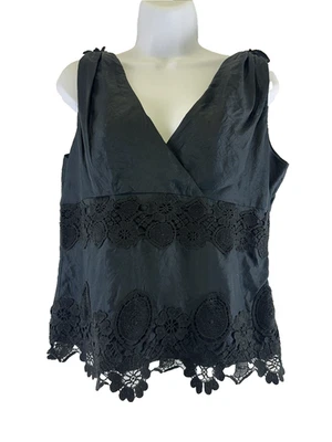 Spiegel Silk Tank Blouse Black V-Neck Lace Crochet Sleeveless Elegant Womens 8 - Image 1 of 4