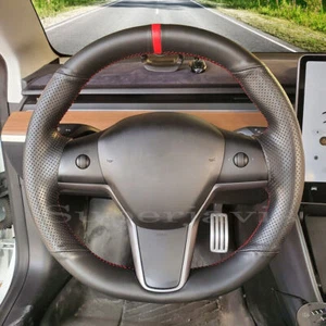 Custom Black PU Leather Steering Wheel Stitch on Cover For Tesla Model 3 Model Y - Picture 1 of 12