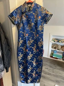 Blue Dragon Rooster Chinese Cheongsam Qipao Dress Womens Sz 7 Vintage - Picture 1 of 9