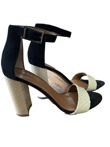 Aquatalia Italian Cream Snakeskin and Black Suede Block 4" Heel Sandals Sz 9.5 M - Picture 1 of 7