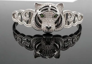 Beautiful Sterling Silver TJC Tiger Head Hinged Black Spinel Bangle - Picture 1 of 5