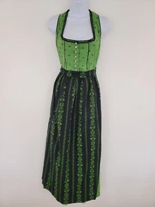 Vintage Dress Long Maxi Dirndl Green Floral Apron Pockets Oktoberfest Size 12 - Picture 1 of 16