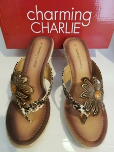 NEW Charming Charlie Women’s 3.5" Wedge Heels, Size 8, Leopard Print with Flower - Picture 1 of 6