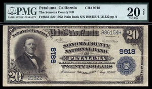 $20 1902 PB The Sonoma County National Bank a Petaluma, California CH 9918 - Foto 1 di 1