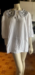 BNWT Ladies NEXT Jet BLACK EMBROIDERED Collar WHITE LINEN Blend Blouse Top 26 - Picture 1 of 6
