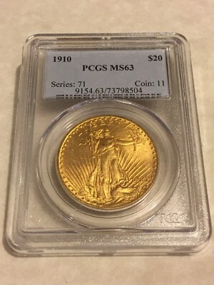 Moneda de oro St Gaudens 1910 MS63 PCGS $20 doble águila PQ gran atractivo clásico hldr Foto 1 de 2