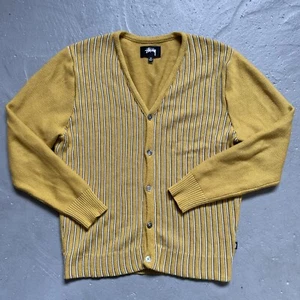 Stussy Wool Blend Piping Stripe Cardigan Sweater Rockabilly Vintage Surf Style M - Picture 1 of 10
