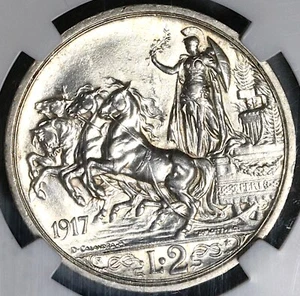 1917 NGC MS 63 Italy 2 Lire Horses Chariot Silver Mint State Key Coin (23041203C - Picture 1 of 6