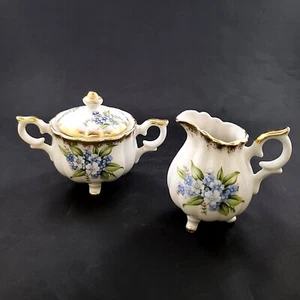 Forget Me Not Fine Bone China Covered Sugar Bowl Creamer England  Footed Gilded - Imagen 1 de 12