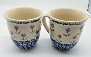 Lot de 2 tasses en poterie polonaise Boleslawiec Zwolska motif floral bleu rouge beige - Photo 1/4