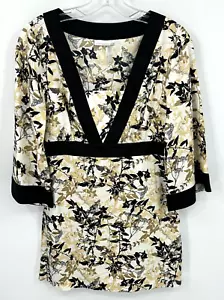 Classiques Entier Blouse Womens Small Silk Tunic Bell Sleeve Floral Kimono Tan - Picture 1 of 8