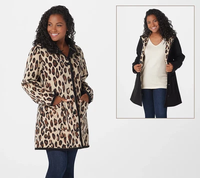 Susan Graver Weekend Reversible Polar Fleece Coat Black Animal 3X New - Image 1 of 3